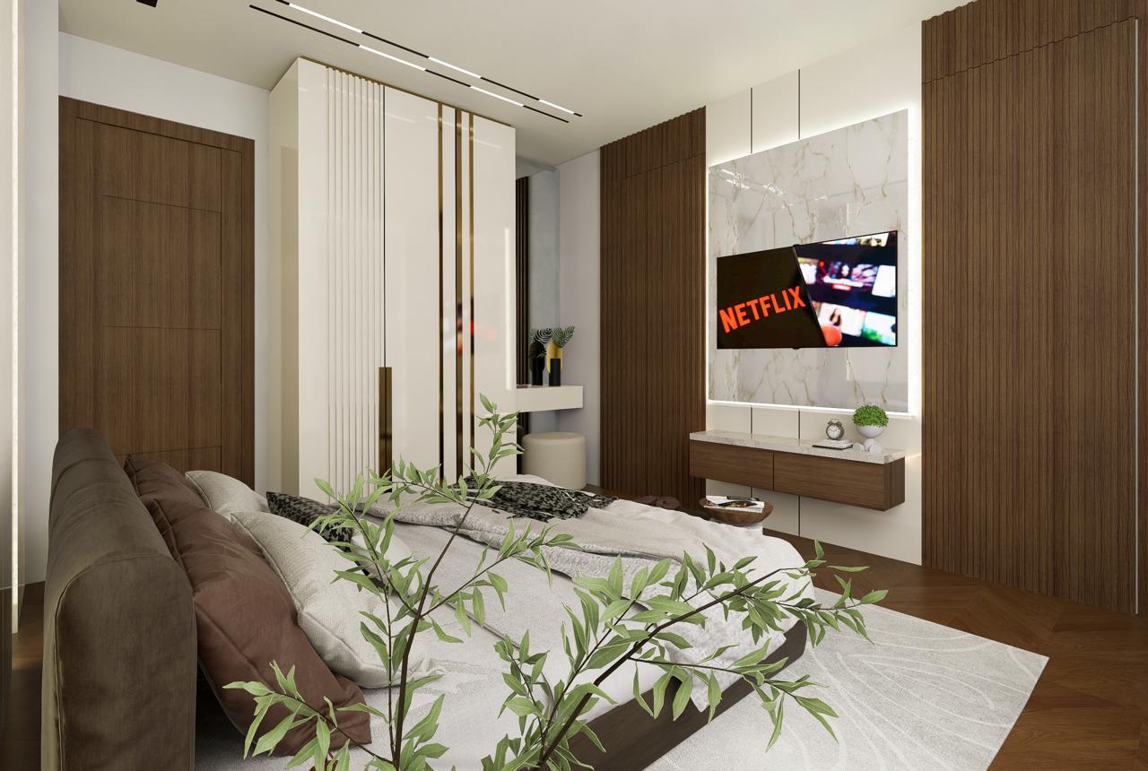 Bedroom – Open Wardrobe, TV Panel & Natural Green Accent