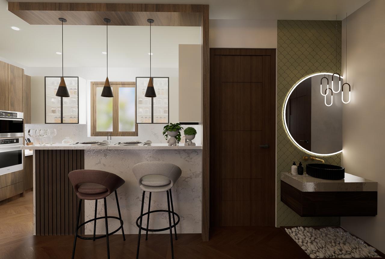 Kitchen Bar – Backlit Shelves, Round Mirror & Dark Wood Cabinetry