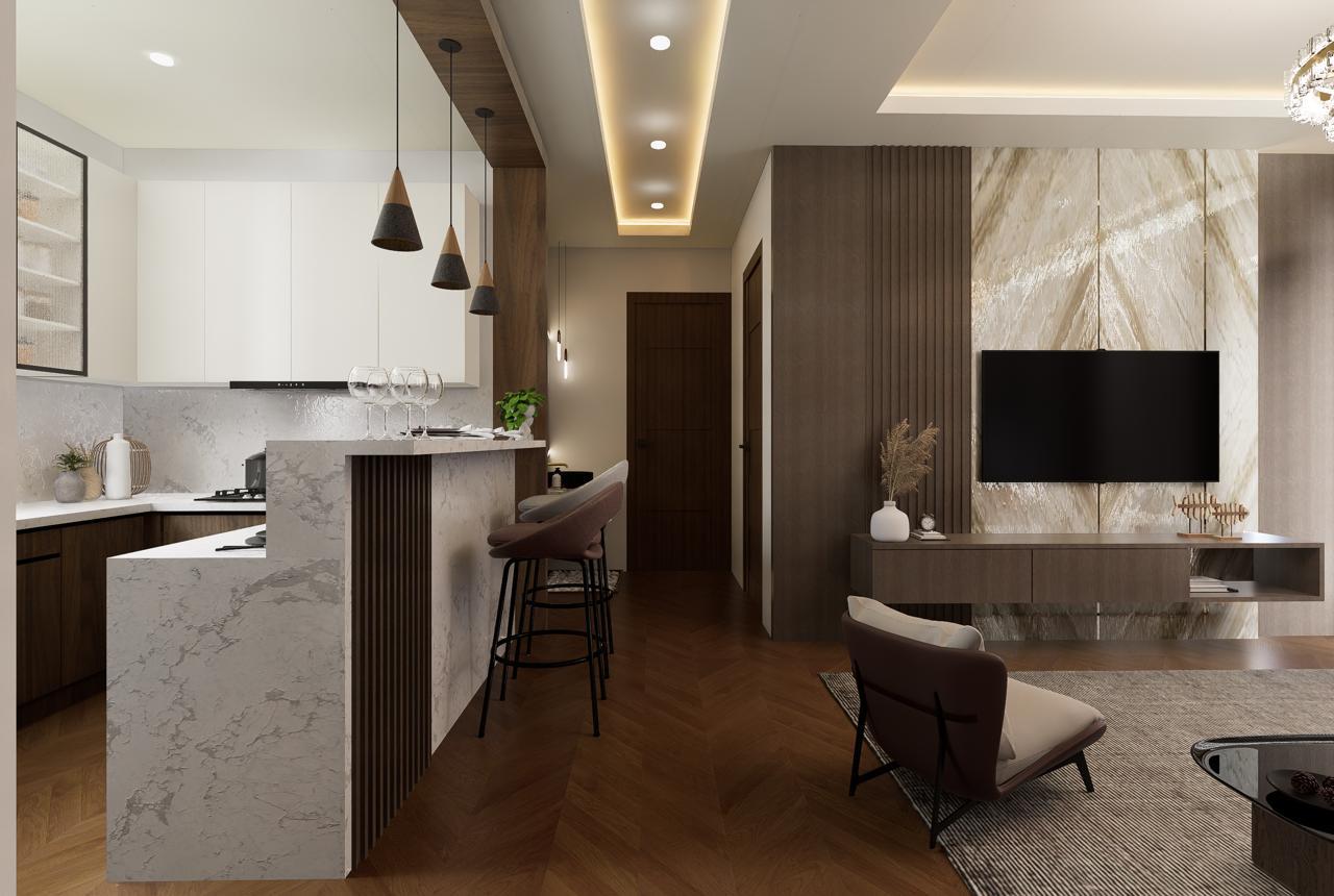Kitchen & Dining Nook – Marble Island, Pendant Lights & TV Wall