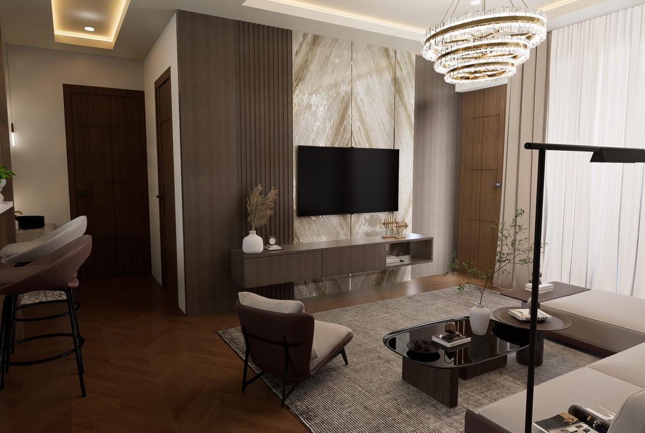 Living Room – Dark Wood TV Unit, Ambient Ceiling & Plush Seating