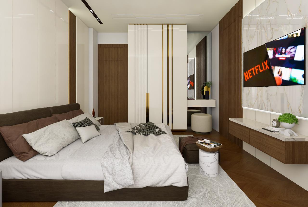 Master Bedroom – Dark Wood Tones, Netflix Wall & Warm Accent Lighting