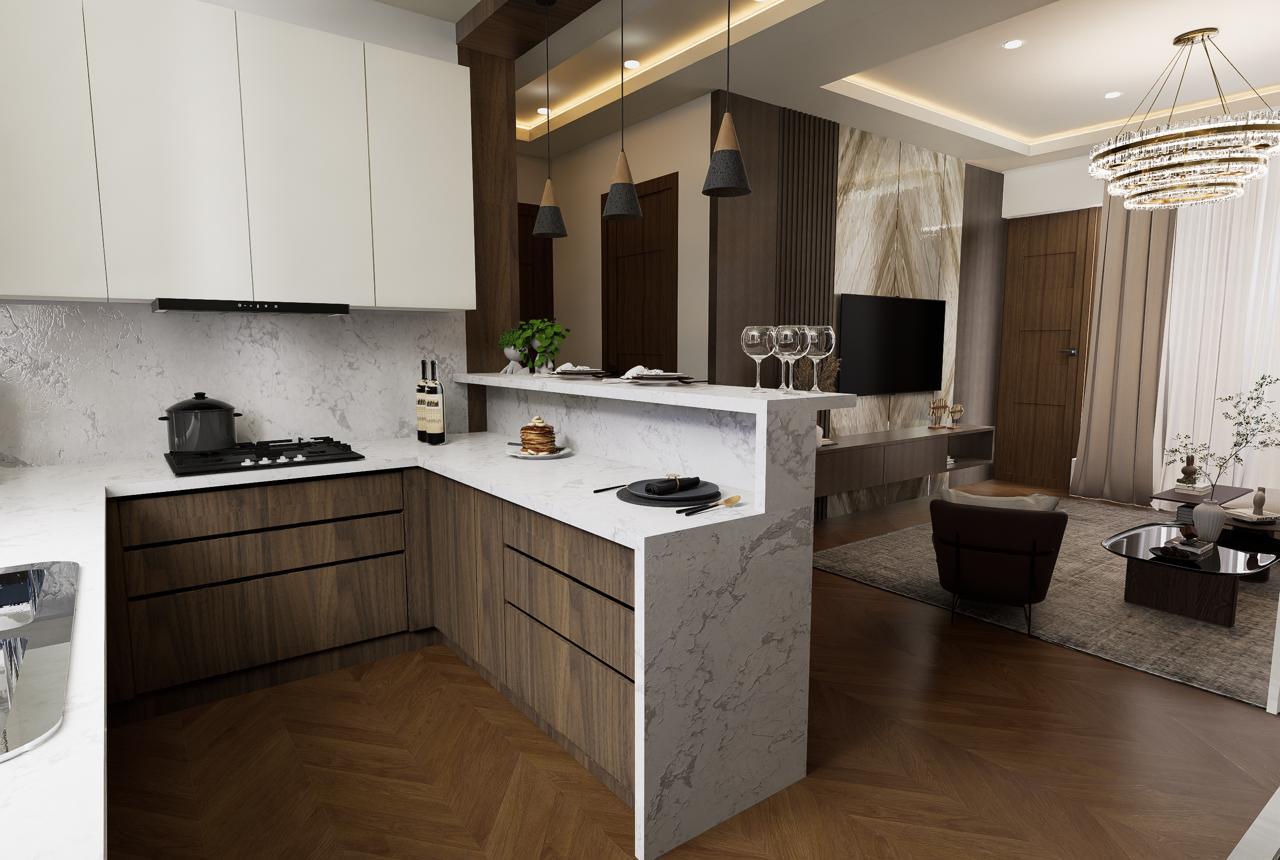 Modular Kitchen – L-Shape Layout, White Countertop & Overhead Cabinets